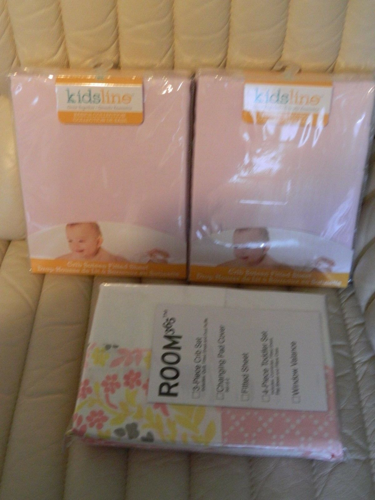 Kids Line 2 Pink Sateen Baby Girl Nursery Crib Sheet And 2 Changing Pad Covers