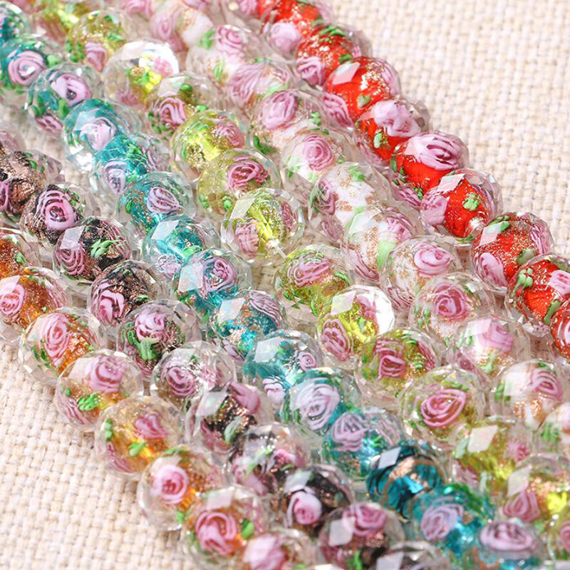 Lampwork Glass Rose Flower Interior Faceted Rondelle Spacer Loose Beads Charms