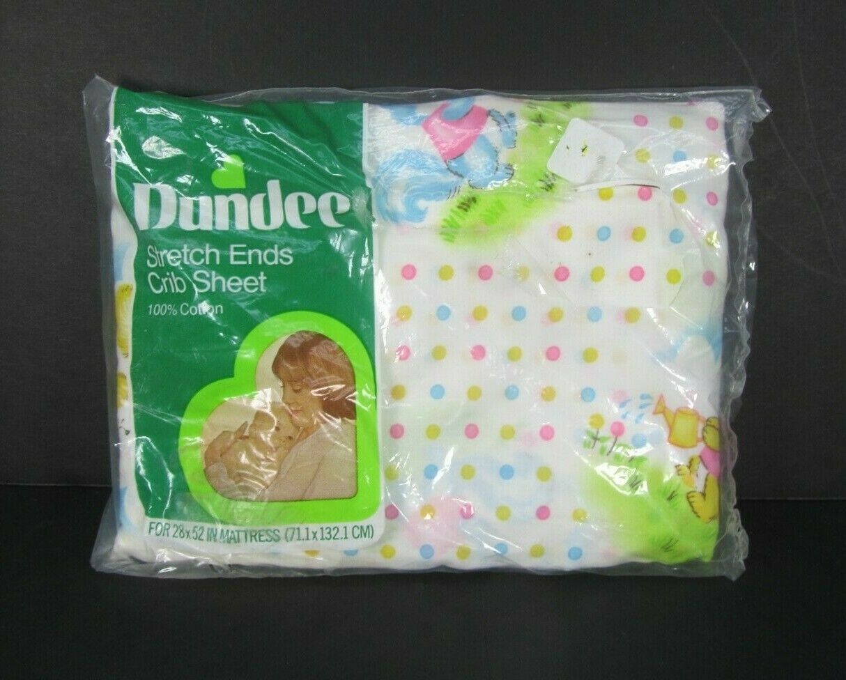 Vintage New Dundee Crib Sheet Stretch Ends Pastel Bears Dots Squirrel Colors