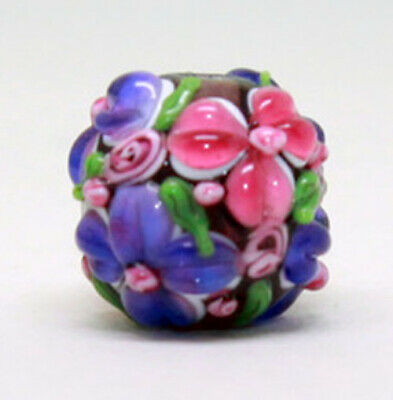 10pcs Handmade Lampwork Glass Round Beads  Purple Pink Flower 15mm
